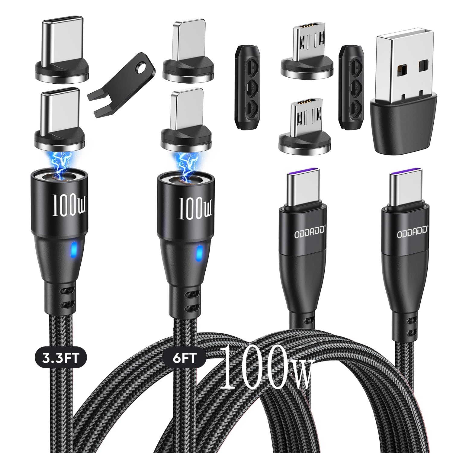 Oddadd 100W Usb C Magnetic Charging Cable 2Pack(3.3Ft+6Ft), 6 In 1 Magnetic Fast Charging Cable, Magnetic Usb C Charging Cable Compatible With Micro Usb, Type C And All Devices